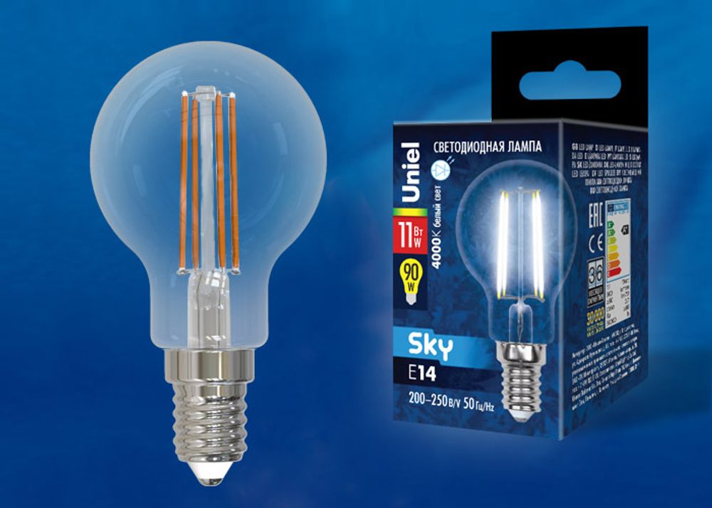 LED-G45-11W/4000K/E14/CL PLS02WH Лампа светодиодная. Форма шар, прозрачная. Серия Sky. Белый свет (4000К). Картон. ТМ Uniel.