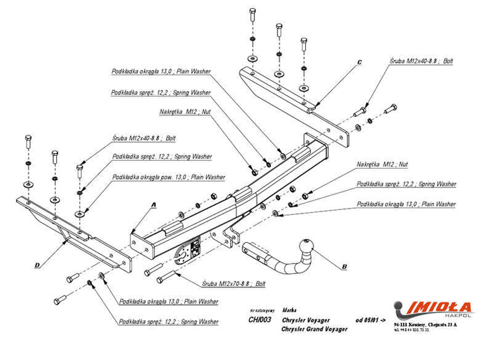 Фаркоп IMIOLA CH.003 Chrysler TownCountry 2001-2008, Grand Voyager 2001-2008, Dodge Caravan 2001-2008(паспорт и сертификат в комплекте)(без электрики)