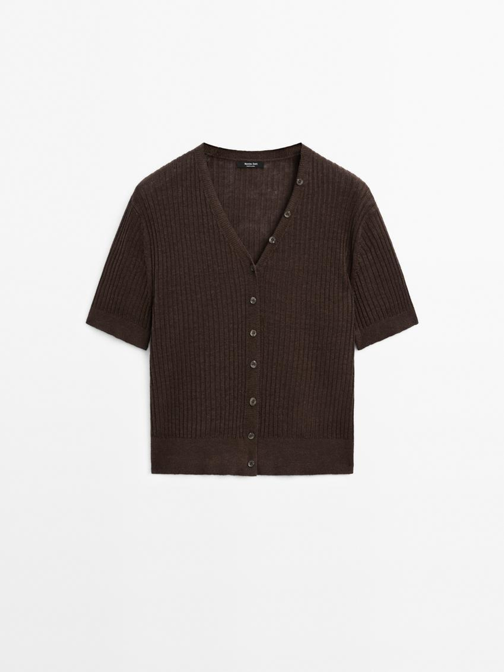 Massimo Dutti Кардиган из 100% льна с короткими рукавами, коричневый