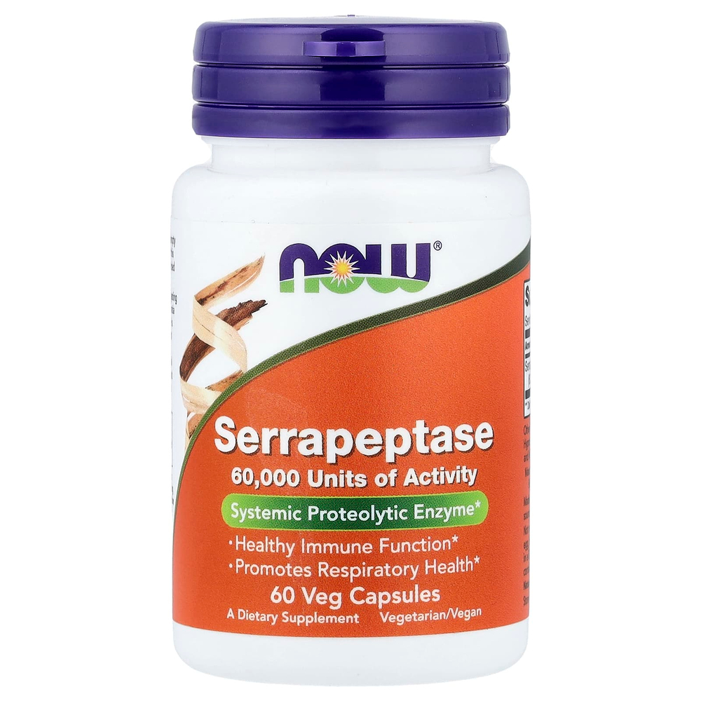 NOW Foods, серрапептаза, 60 растительных капсул (27 мг в 1 капсуле)