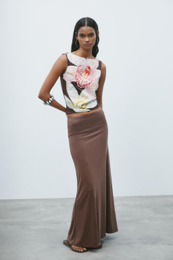 ZARA ТОП ИЗ ПОЛИАМИДА С ПРИНТОМ «ЦВЕТЫ», КОРИЧНЕВЫЙ