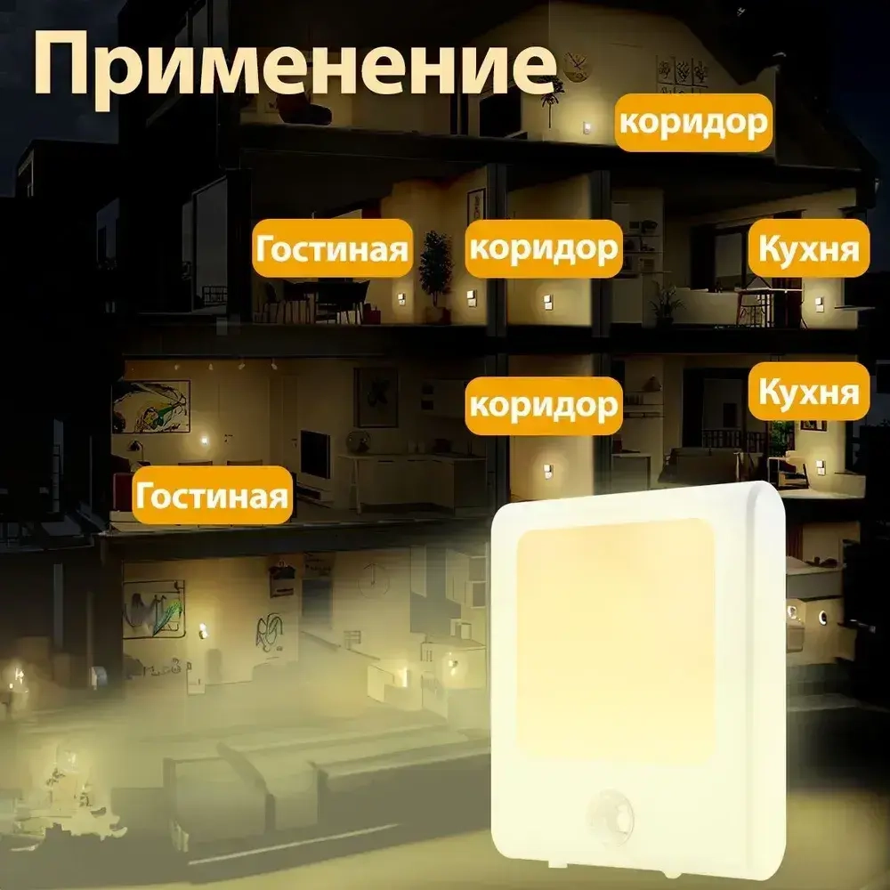 Светодиодный ночник,LED подсветка, датчик движения и освещенности, 3 режима, для кухни, прихожей, ванной,теплый свет