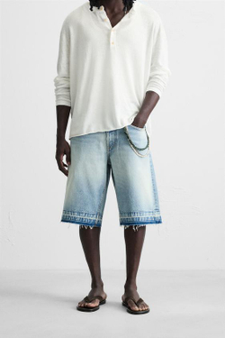 ZARA ДЖИНСОВЫЕ ШОРТЫ-БЕРМУДЫ СВОБОДНОГО КРОЯ, ГОЛУБОЙ