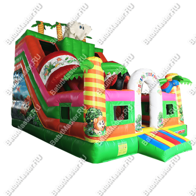 Детский надувной батут-горка "Слоник в джунглях" с окнами по бокам и птичками, 7*5*6 м