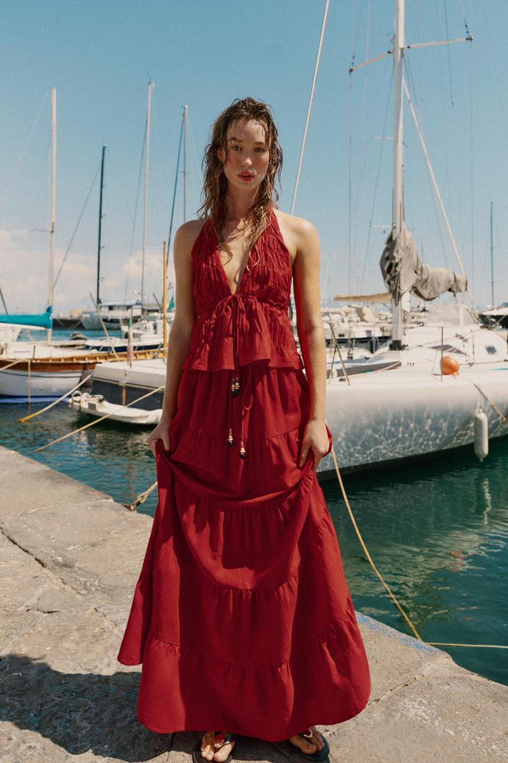 ZARA ЮБКА МИДИ ИЗ ЛЬНА СО СБОРКАМИ, ГРАНАТОВЫЙ
