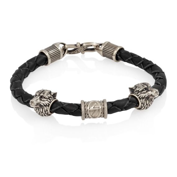 Браслет гайтан черный 5 мм с руной Соулу и двумя шармами Волк Мельхиор, фото 1