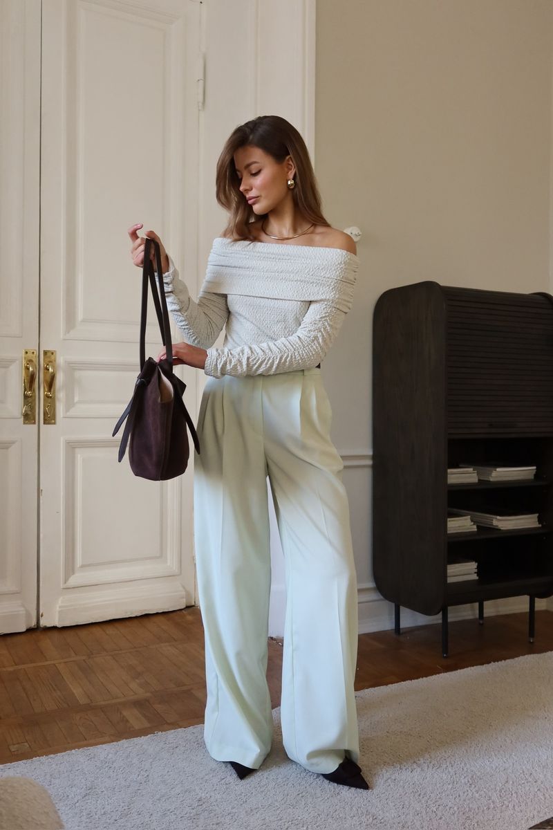 Брюки из тонкой шерсти со складками широкие ментол