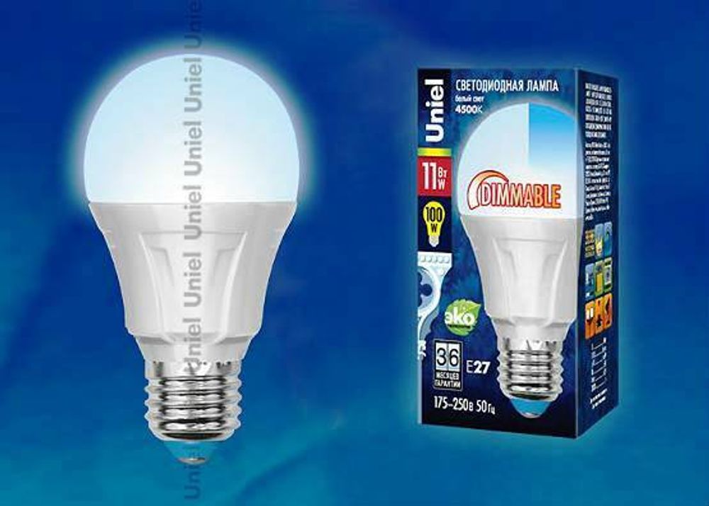 LED-A60-11W/NW/E27/FR/DIM PLP01WH Лампа светодиодная диммируемая. Форма A, матовая. Серия Palazzo. Белый свет. Картон. ТМ Uniel.