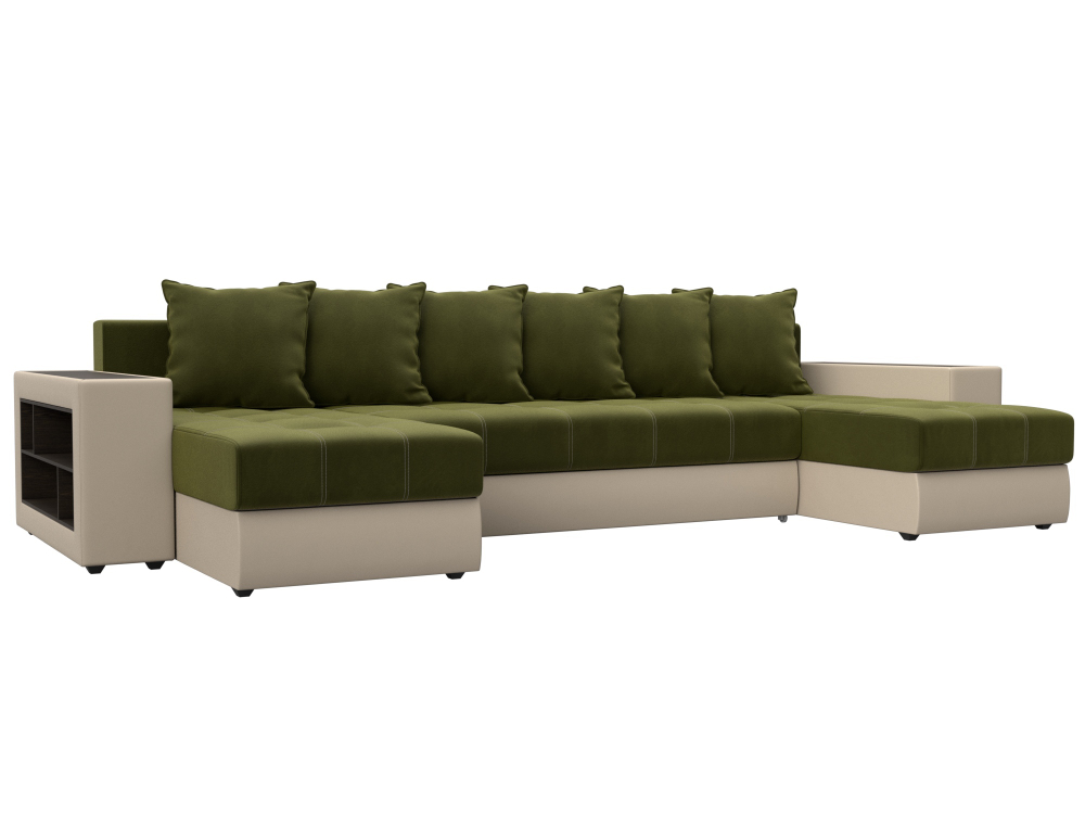 Диван П-образный Дубай полки слева, Зеленый\Бежевый, Микровельвет\Экокожа, 31511