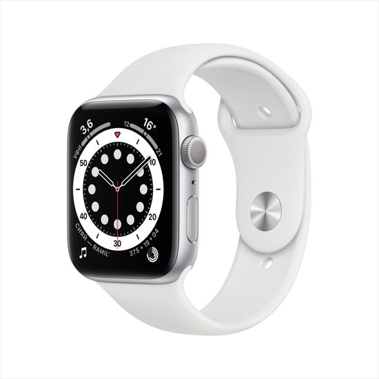 Apple Watch Series 6, 44 мм, корпус из алюминия серебристого цвета, спортивный ремешок белого цвета