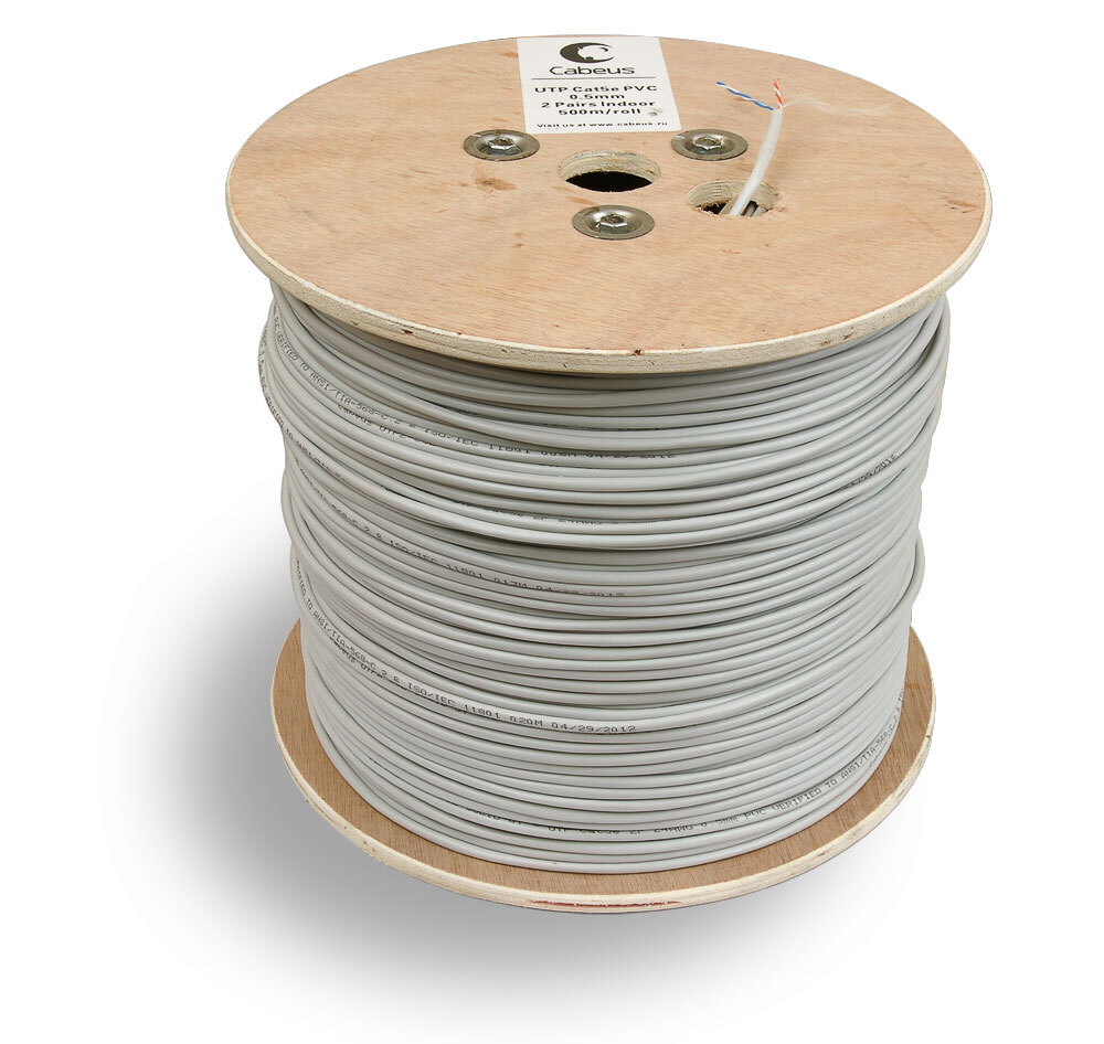 Кабель витая пара U/UTP 5e кат. 2 пары Cabeus UTP-2P-Cat.5e-SOLID-GY