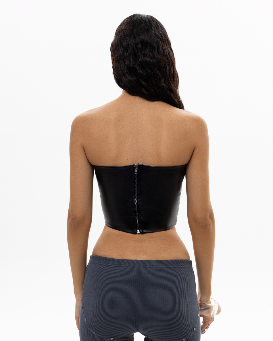 BLACK V-LEATHER BANDEAU TOP