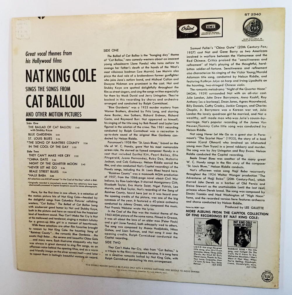 Винтажная виниловая пластинка LP Nat King Cole Nat King Cole Sings His Songs From Cat Ballou And Other Motion Pictures (USA 1965)