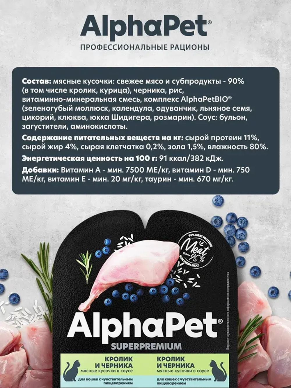 AlphaPet Superpremium Влажный корм для кошек с чувствительным пищеварением "Кролик и черника" кусочки в соусе, 80 г