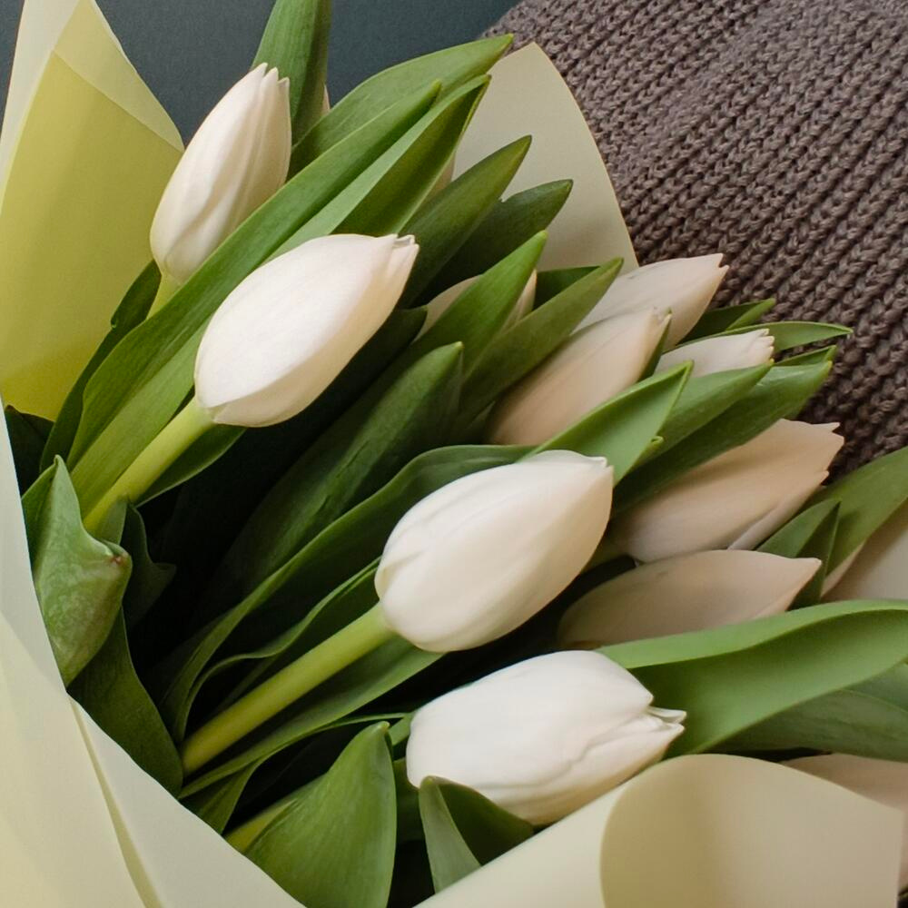 Букет из 15 белых тюльпанов в кремовом оформлении