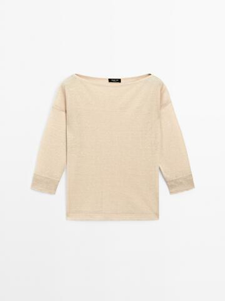 Massimo Dutti Футболка из смеси шерсти и льна, светло-бежевый