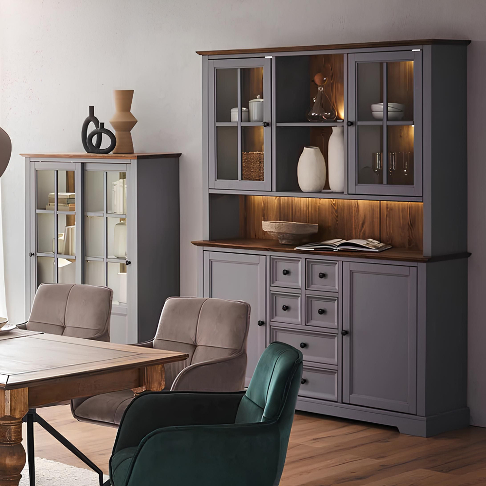 Буфет, 155х41х202, Лэйквью, для кухни и гостиной, деревянный с 4 дверями, из массива дерева, серый, MAKOSA