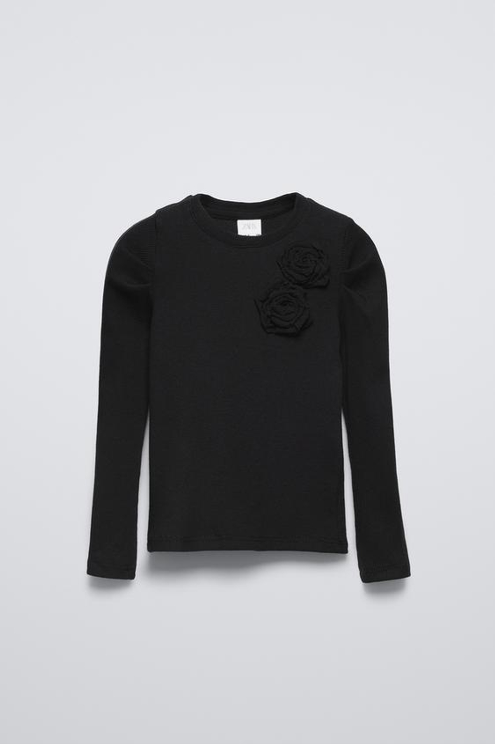 ZARA ЛОНГСЛИВ В РУБЧИК С ЦВЕТОЧНОЙ ДЕТАЛЬЮ, ЧЕРНЫЙ