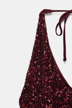 ZARA ПЛАТЬЕ С V-ОБРАЗНЫМ ВЫРЕЗОМ И ПАЙЕТКАМИ, ТЕМНО-БОРДОВЫЙ