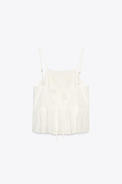 ZARA ТОП С ЦВЕТОЧНОЙ ВЫШИВКОЙ И ЗАВЯЗКАМИ, ЖЕЛТОВАТО-БЕЛЫЙ