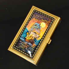 Коллекционная визитница "Парусник" №3 с ручной росписью Палех в футляре