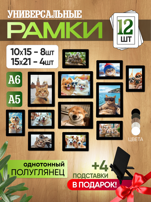 Набор фоторамок 12 в 1 (4шт -15*20см, 8 шт - 10*15см) Черный лак