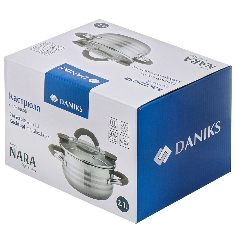Кастрюля нерж, 2.1 л, с крыш, крышка стекло, Daniks, Нара, GS-01413HY-16CA-2, серебр, индукц