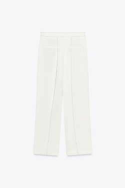 ZARA БРЮКИ СО ШЛЕВКАМИ И КОНТРАСТНОЙ СТРОЧКОЙ, ЖЕЛТОВАТО-БЕЛЫЙ