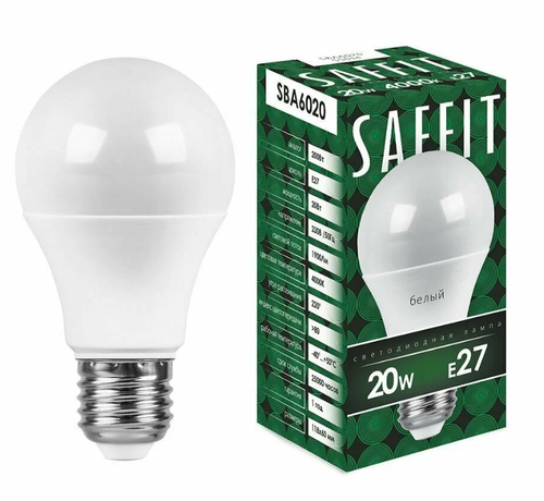 Лампа cветодиодная Е27 А60 Груша 20Вт(200Вт) SAFFIT естественный свет 4000K