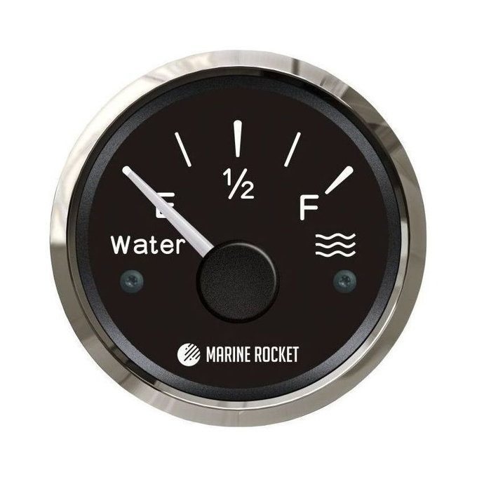 Указатель уровня пресной воды 0-190 Ом (ЕВРО), черный циферблат, нержавеющий ободок, д. 52 мм, Marine Rocket