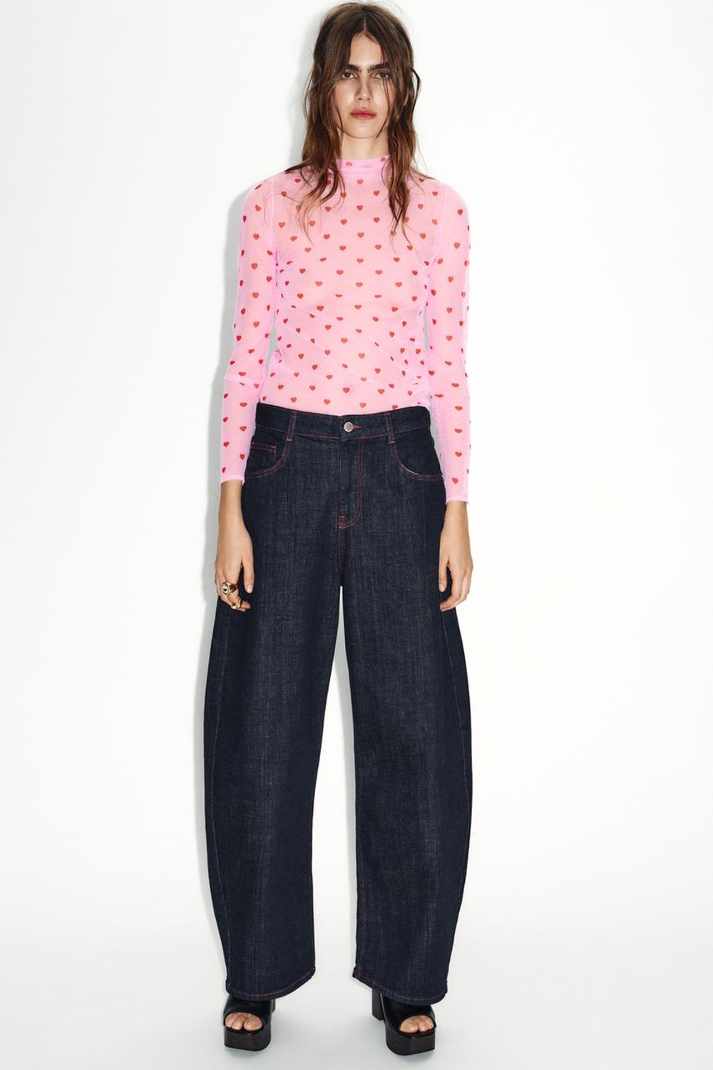 ZARA ТОП ИЗ ТОНКОГО ТРИКОТАЖА С СЕРДЕЧКАМИ, РОЗОВЫЙ МЕЛАНЖ