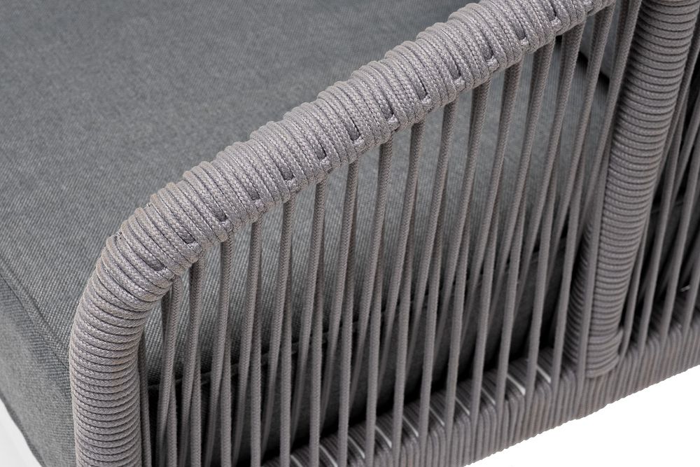"Канны" диван 3-местный плетеный из роупа, каркас алюминий белый муар, роуп светло-серый круглый, ткань темно-серая 027