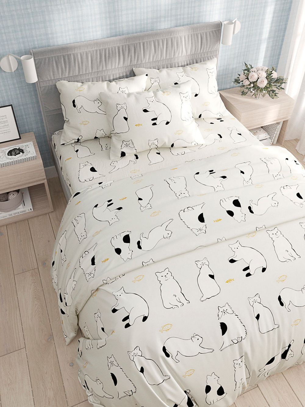 Постельное белье Сказка "Котики на сером" евро Наволочка 50х70 см 2 шт Простынь 240х215 см Пододеяльник 200х215 см, перкаль