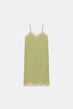 ZARA АТЛАСНОЕ ПЛАТЬЕ С КРУЖЕВОМ — ZW COLLECTION, ФИСТАШКОВЫЙ