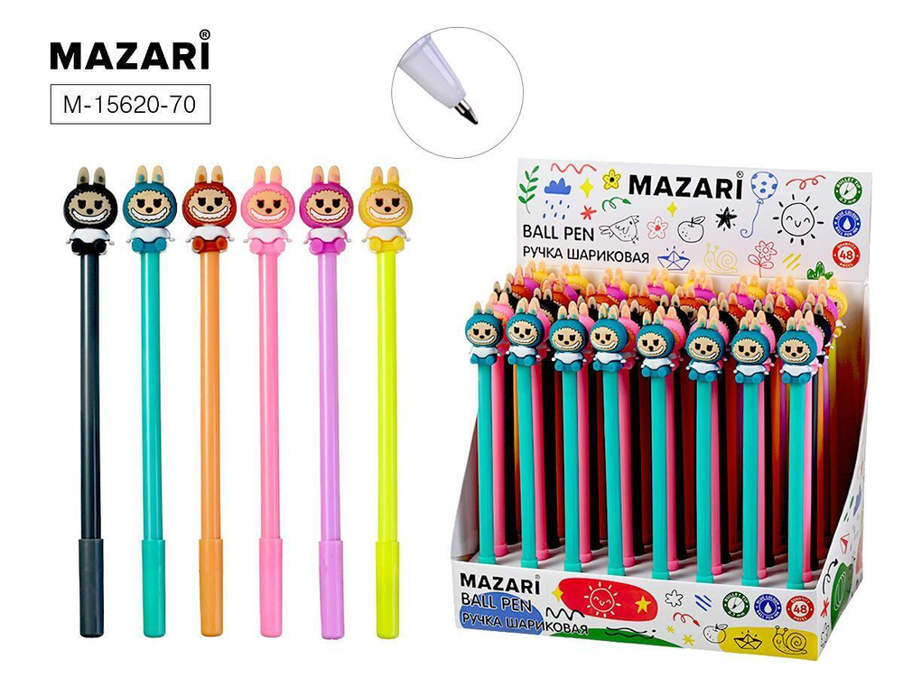 Ручка шарик. 0,7мм. "Зубастик" синяя, cмен.стержень 110мм, цветной корп. 6цв. в ассорт. (Mazari)