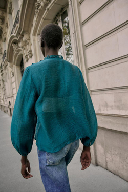 ZARA БЛУЗА С ВОЛАНАМИ, БУТЫЛОЧНО-ЗЕЛЕНЫЙ