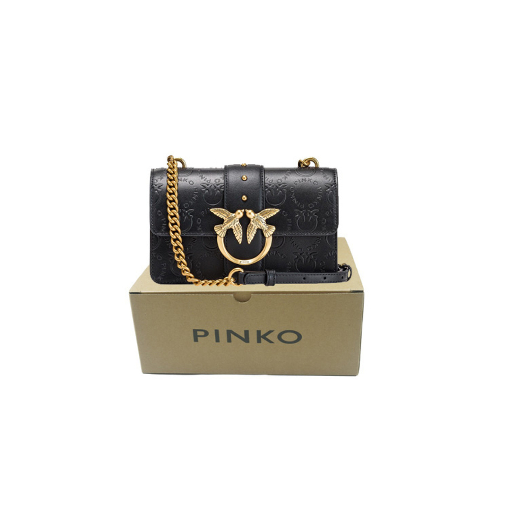 Сумка Pinko Ring Decoration Full Printed Logo Chain Rivets Cowhide Messenger Bird Shoulder bag Mini Black Gold, 1P22VM-A042-Z99Q