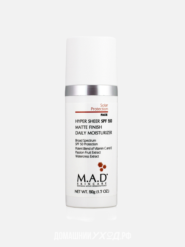 Увлажняющий и матирующий крем-основа под макияж с защитой Solar Protection Hyper Sheer SPF 50 Matte Finish, Daily Moisturizer, M.A.D Skincare, 50 гр