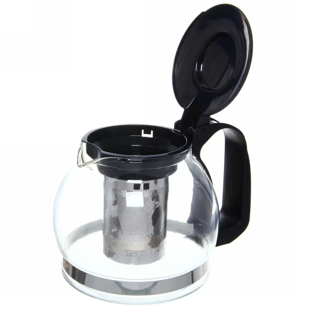 Чайник заварочный стеклянный 1200мл с металлическим ситом чёрный Селфи