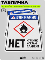 Табличка для обеспечения безопасности "Внимание нет курению искрам пламени", для производства, предприятия, организаций, 40х30 см, Silver Plane x Айдентика Технолоджи