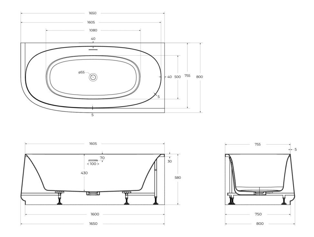 Ванна акриловая угловая правосторонняя 165х80 Cezares CZR-LUX-CORNER-165-80-58-R