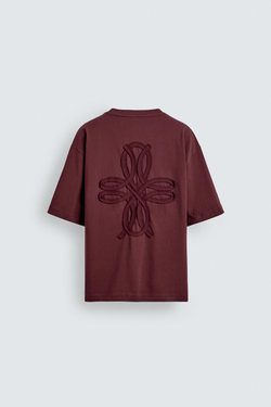 ZARA ФУТБОЛКА СВОБОДНОГО КРОЯ С ВЫШИВКОЙ, БОРДОВЫЙ/ЭКРЮ