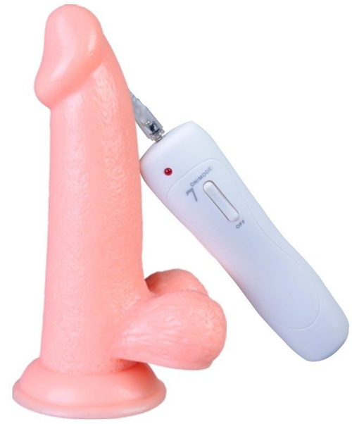 Howells Vibrating Dong with Balls, 14 см – реалистичный вибратор с мошонкой и выносным пультом, телесный, 7 режимов