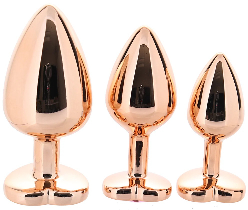 Алюминиевая анальная пробка ""розовое золото"" с розовым кристаллом в форме сердца (размер S)