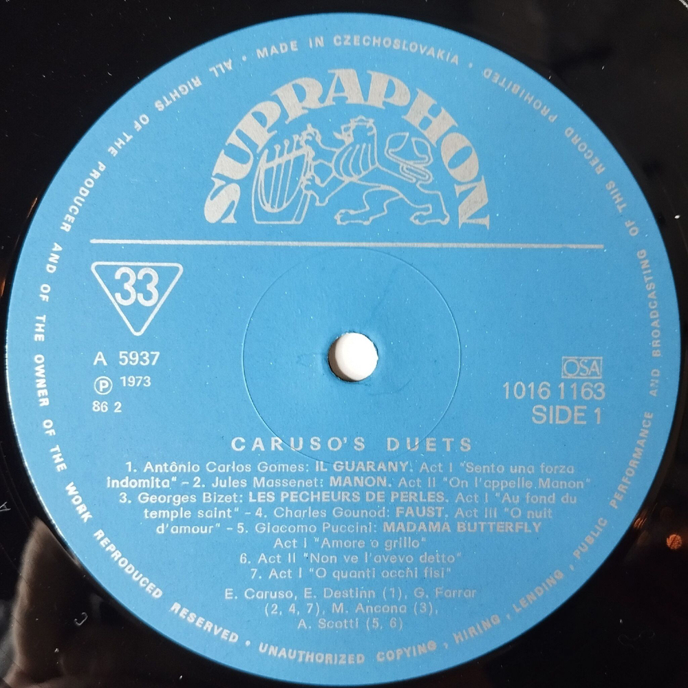 Винтажная виниловая пластинка LP Caruso's Duets (Чехословакия 1986)
