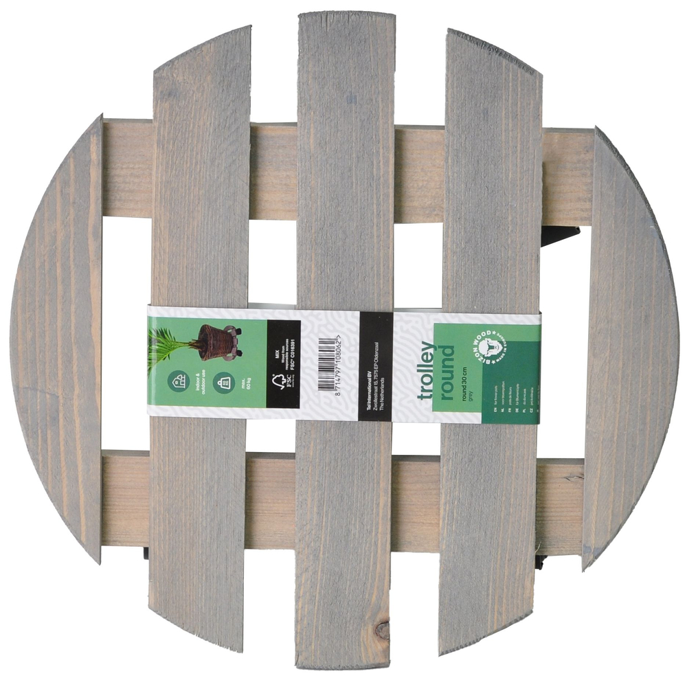 Подставка для цветов, 30х30х7, Флорэль, круглая на колесиках, этажерка, напольное, на подоконник, полка, из массива дерева, серый, Dipriz