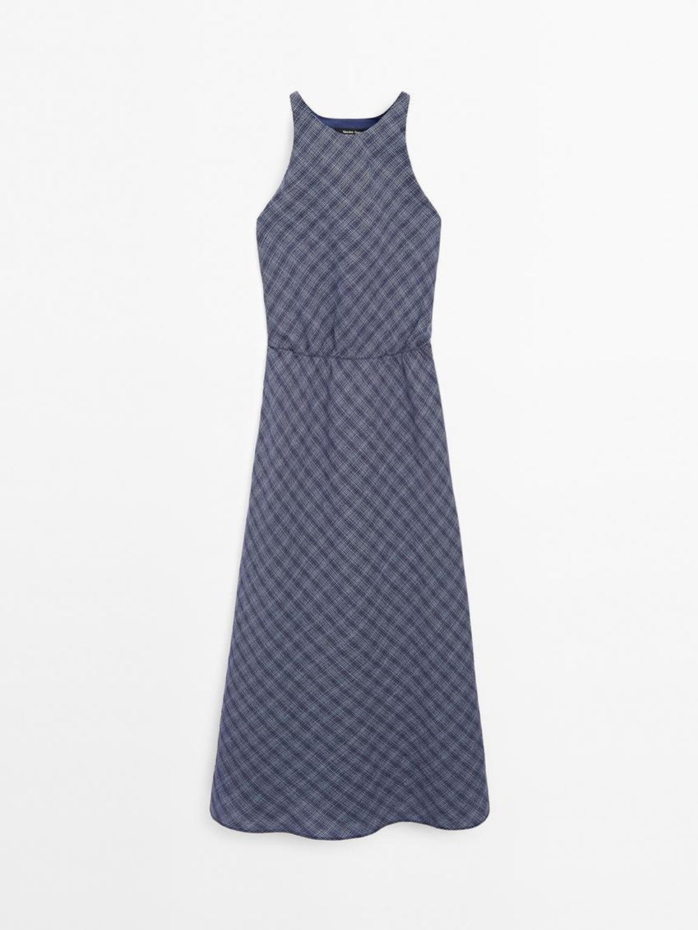 Massimo Dutti Длинное платье в клетку с декоративной отделкой сзади, чернильно-синий