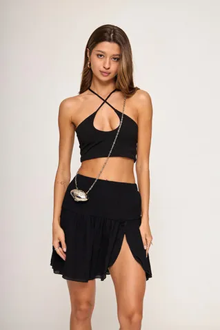 Мини юбка-лепесток из жатого хлопка черного цвета