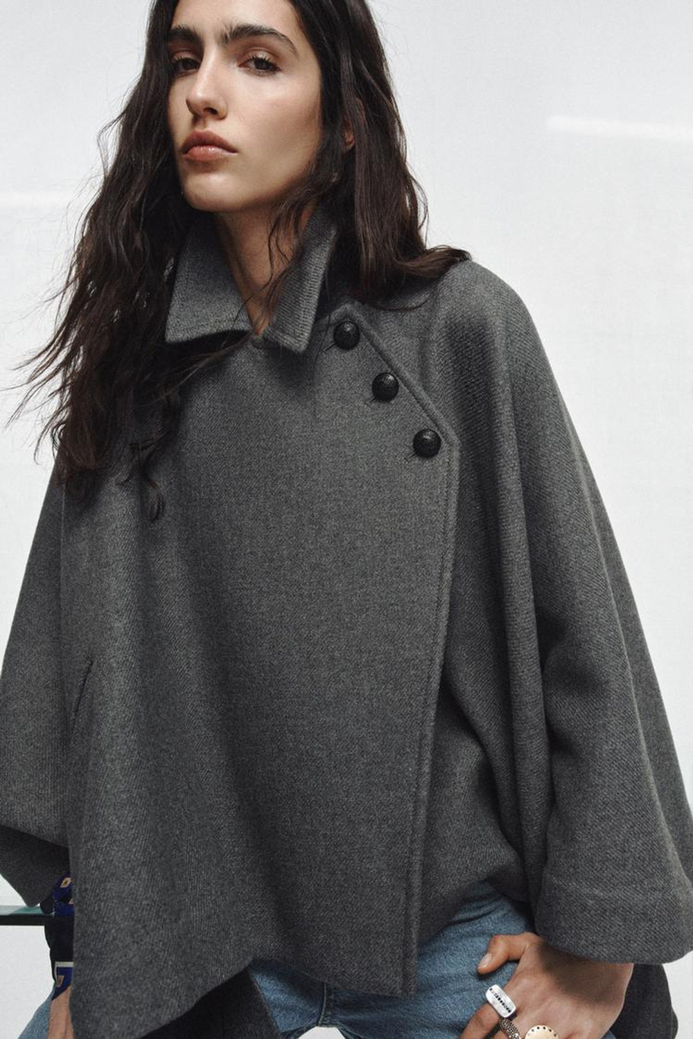 ZARA НАКИДКА ИЗ ШЕРСТИ ZW COLLECTION LIMITED EDITION, ТЕМНО-СЕРЫЙ