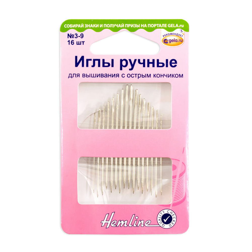 Иглы ручные для вышивания с острым кончиком ,3-9,16шт.